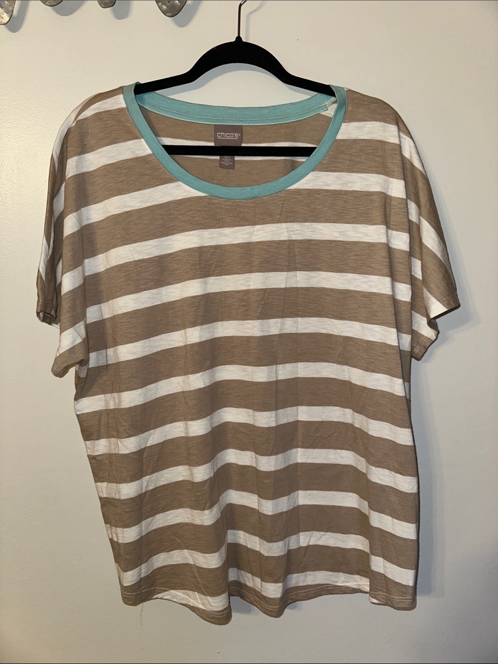 Chico's Taupe & White Striped Short Sleeve Tee Cotton Modal Blend